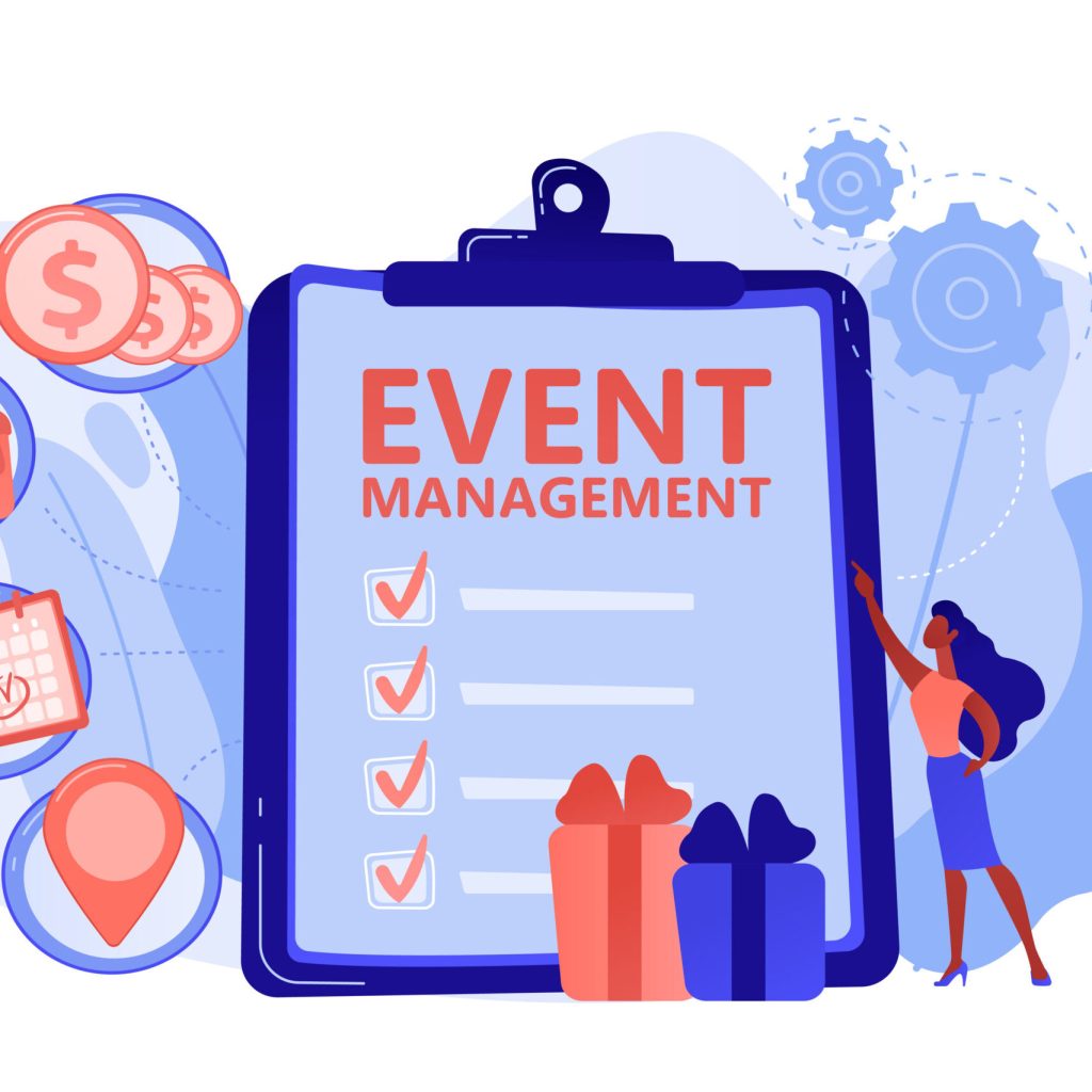 Manager with checklist creating event plan and development. Event management and planning service, how to plan an event, planning software concept. Pinkish coral bluevector isolated illustration