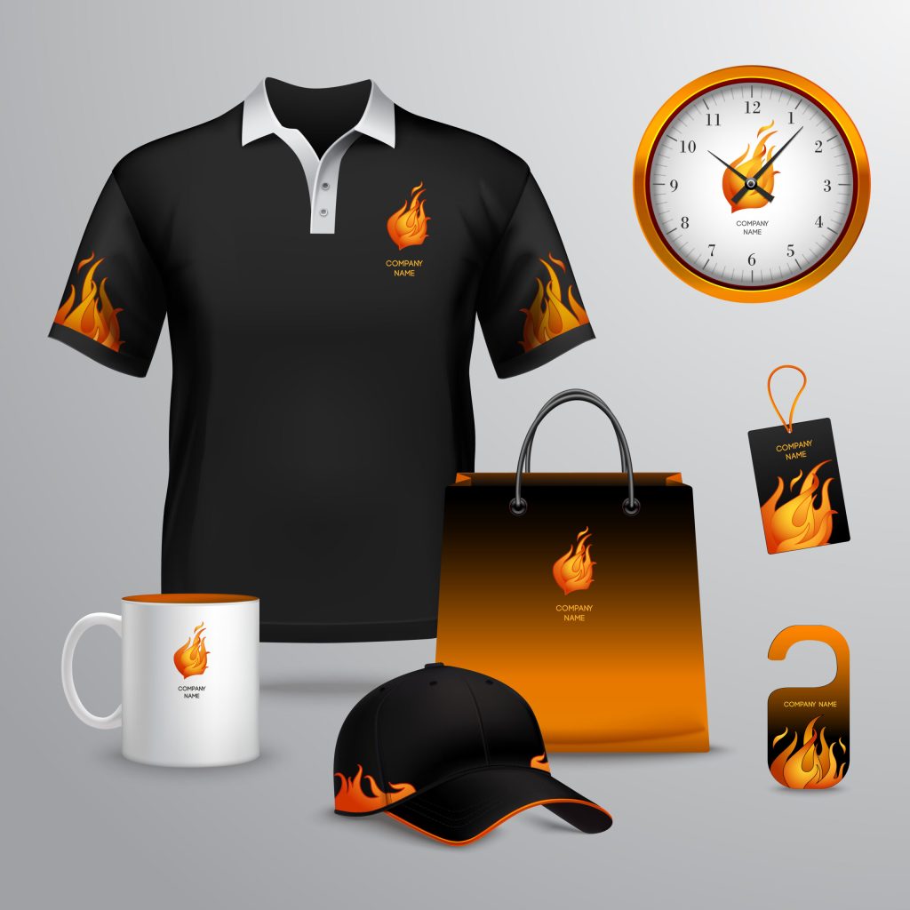 Corporate identity black and fire template decorative set with paper bag tag mug vector illustration